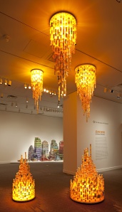 Jean Shin, Chemical Balance III,2009, Prescription Bottles, mirror and epoxy, fluorescent lights. Installation at Smithsonian American Art Museum, 2009. Courtesy of the artist and Frederieke Taylor Gallery, N.Y. Photo by Ken Rahaim