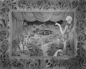Ben Tolman, The Theatre, 80 x 64 in., ink on board, 2007-2008, Photo courtesy of the artist.